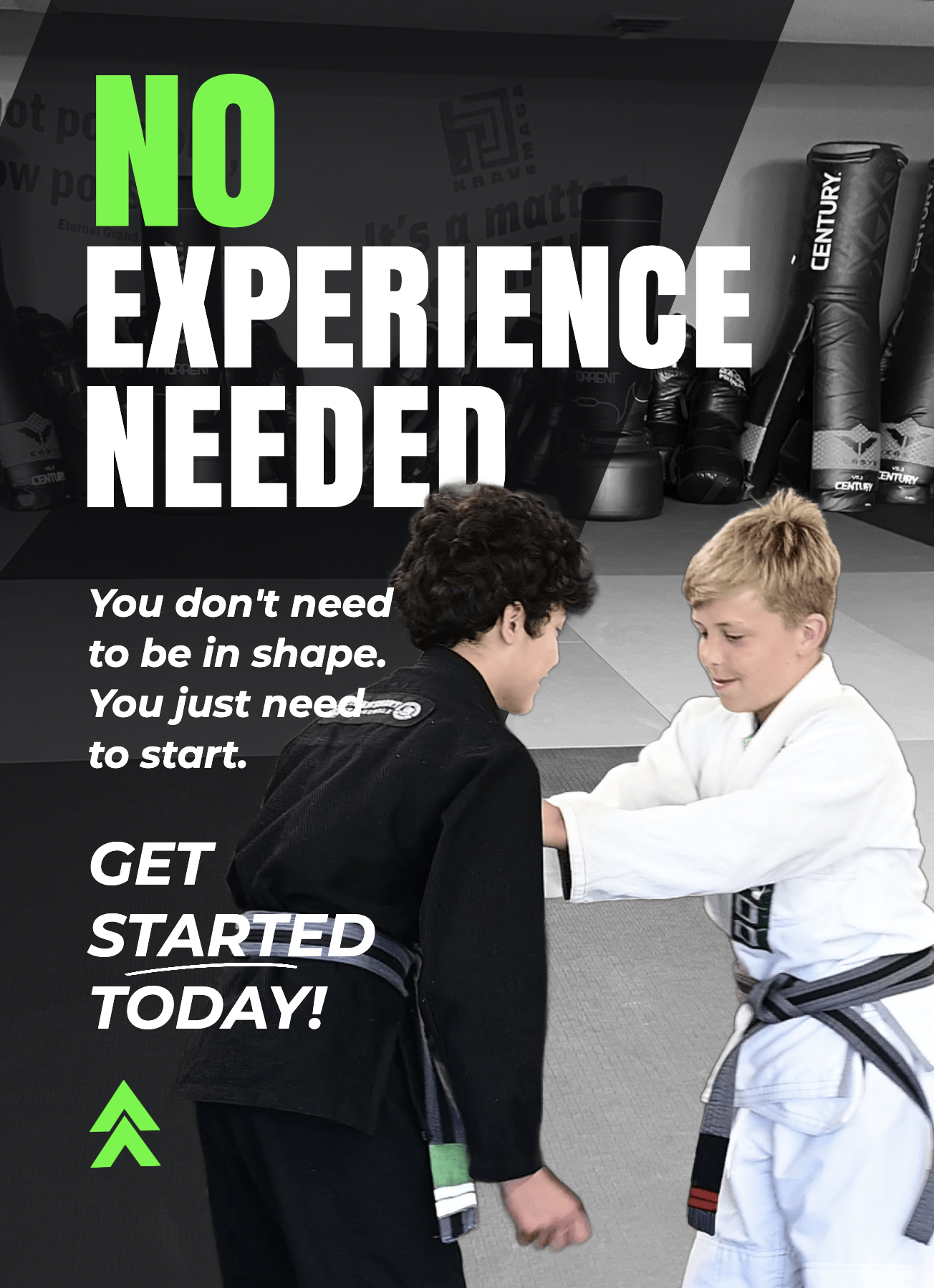 Poster with 'NO EXPERIENCE NEEDED' as two kids in karate gis train on mats in a gym and backdrop.