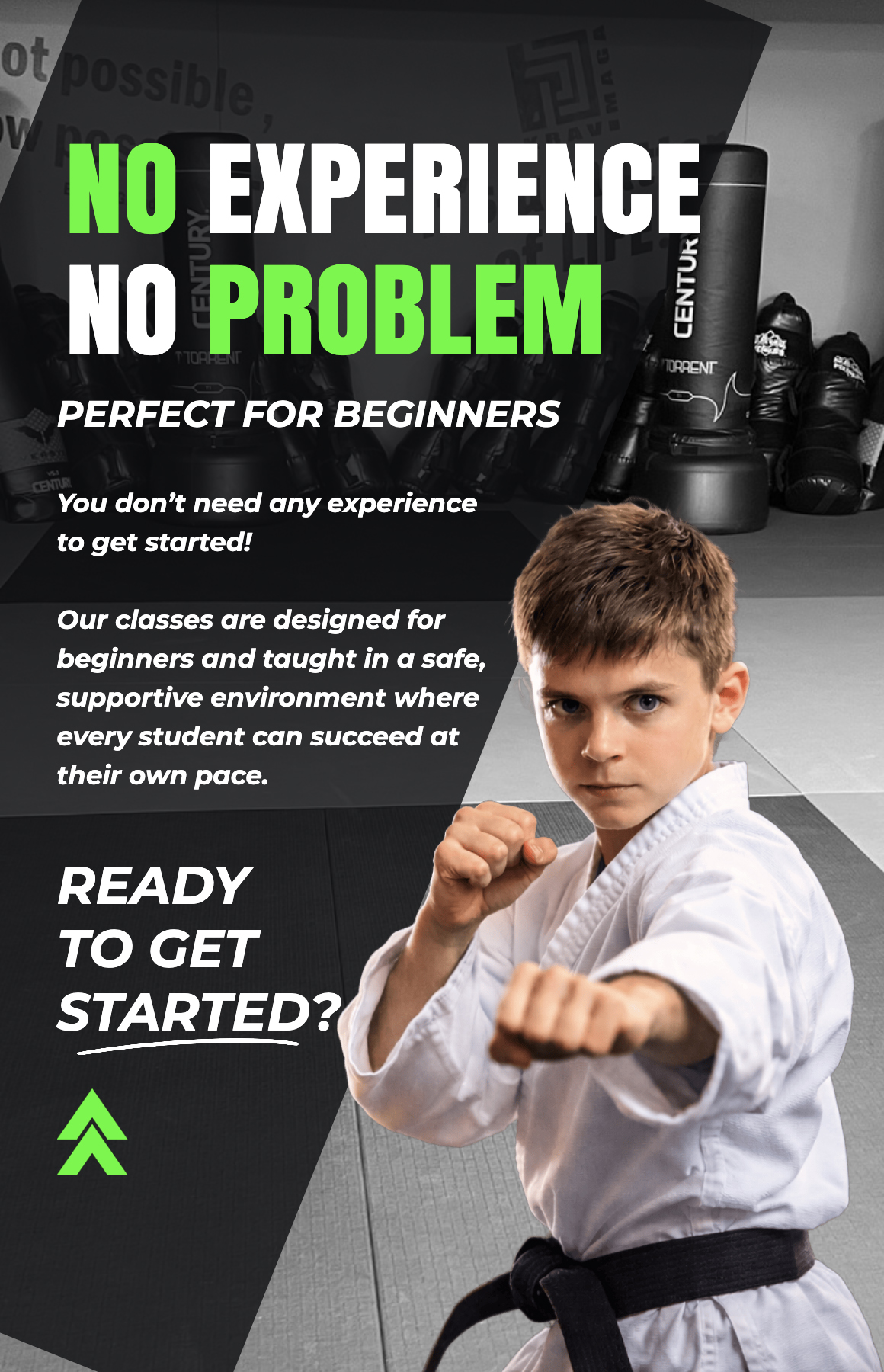Young boy in a karate gi punching forward on a promotional poster for beginner classes used to advertise karate lessons for newcomers.