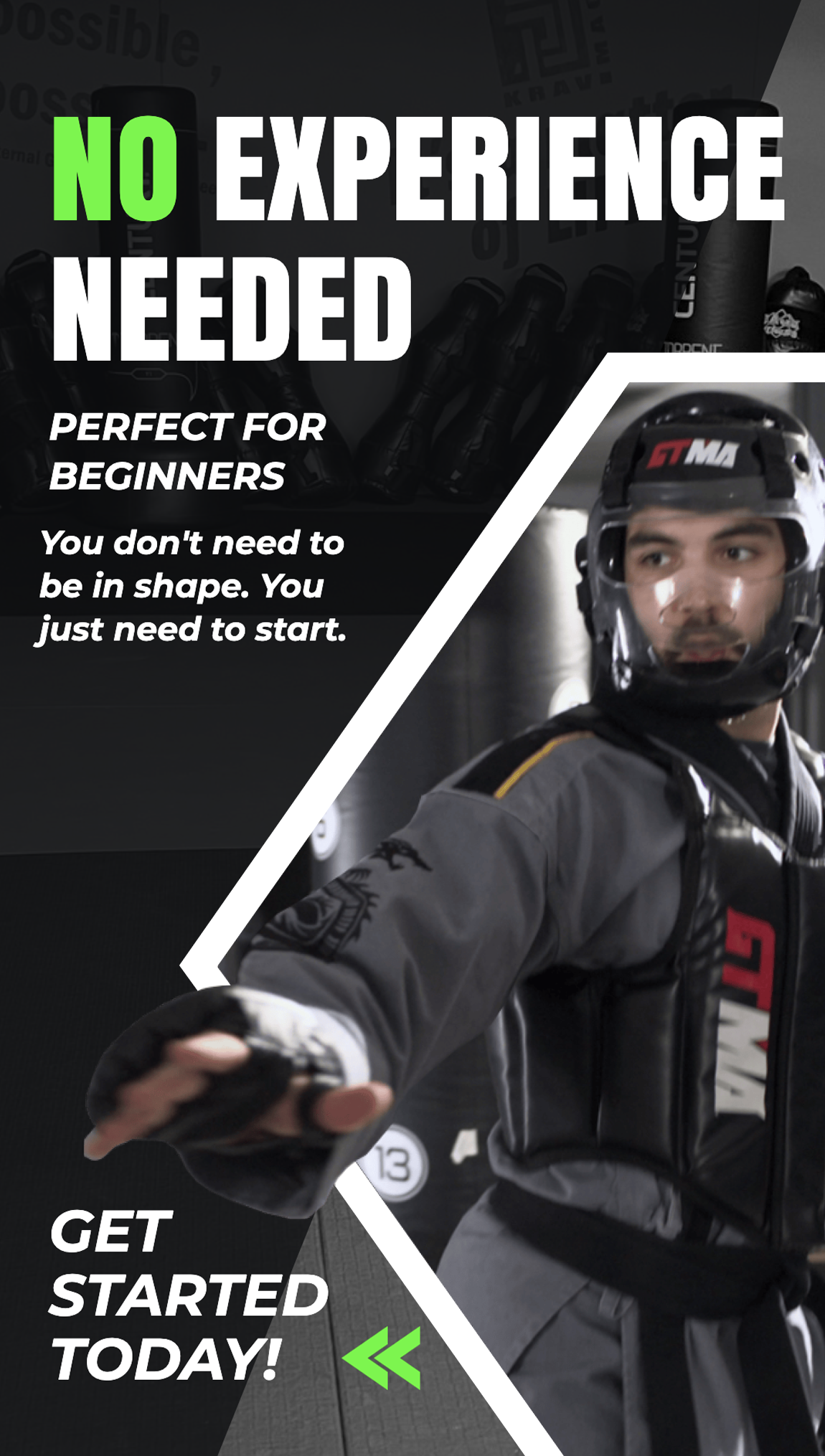 Promotional banner: 'NO EXPERIENCE NEEDED' for beginners with a person in protective gear on the right and bold white text on a dark background.