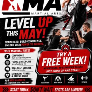 Bold poster for Kassebaum's KMA Martial Arts promoting Level Up This May and a free week trial, with people training and kicking in action.