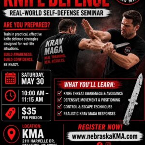Poster for a Krav Maga Knife Defense seminar: real-world self-defense training with two men practicing a knife defense, bold red and white text on black background.