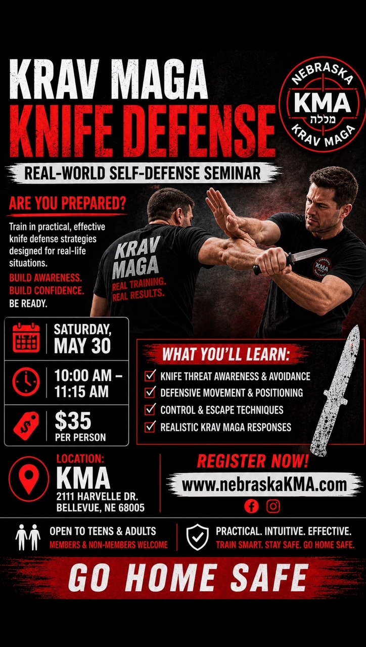Poster for a Krav Maga Knife Defense seminar: real-world self-defense training with two men practicing a knife defense, bold red and white text on black background.
