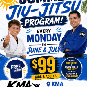 Poster advertising a Summer Jiu-Jitsu program with smiling instructors in gi; features bold blue text and a sunshine graphic, schedule and location details at bottom.