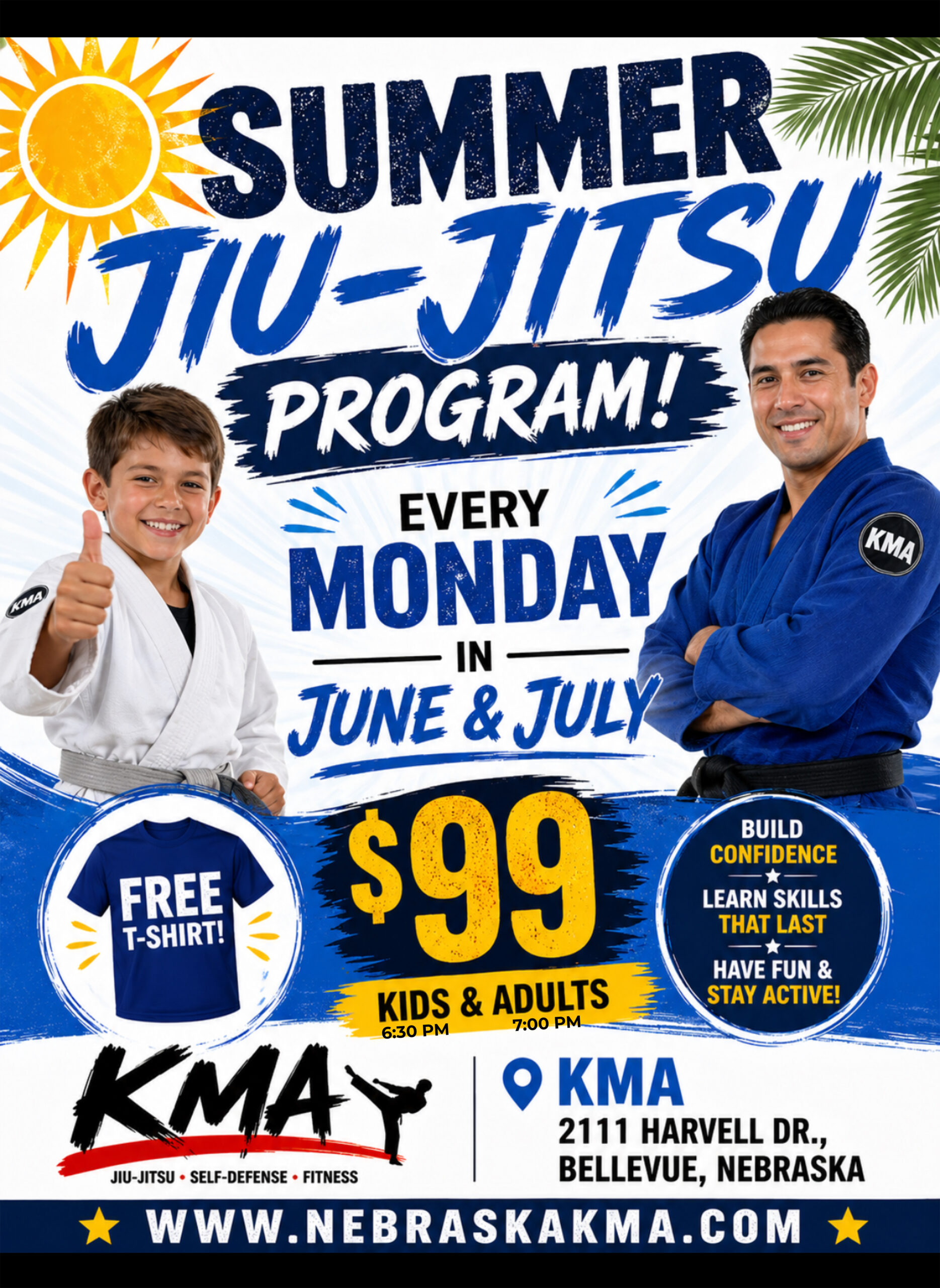 Poster advertising a Summer Jiu-Jitsu program with smiling instructors in gi; features bold blue text and a sunshine graphic, schedule and location details at bottom.