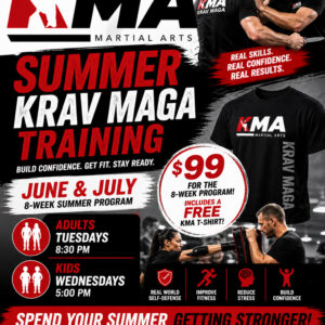 KMA Martial Arts summer Krav Maga training poster with two men practicing and bold red text reading SUMMER KRAV MAGA TRAINING.