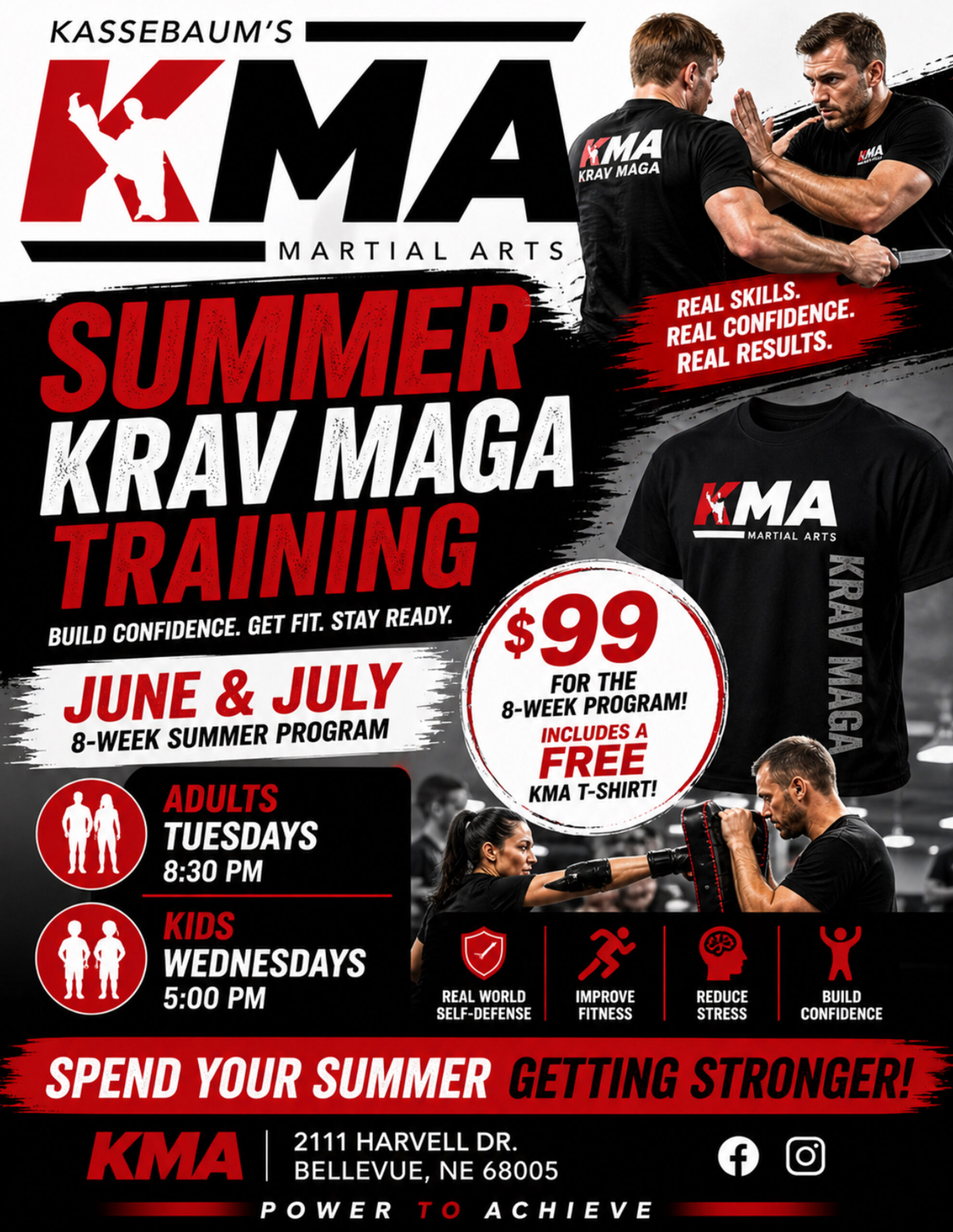 KMA Martial Arts summer Krav Maga training poster with two men practicing and bold red text reading SUMMER KRAV MAGA TRAINING.