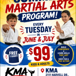 Bright poster promoting a Summer Martial Arts Program for kids; runs Tuesdays in June & July, with a free T‑shirt offer (Nebraska KMA).