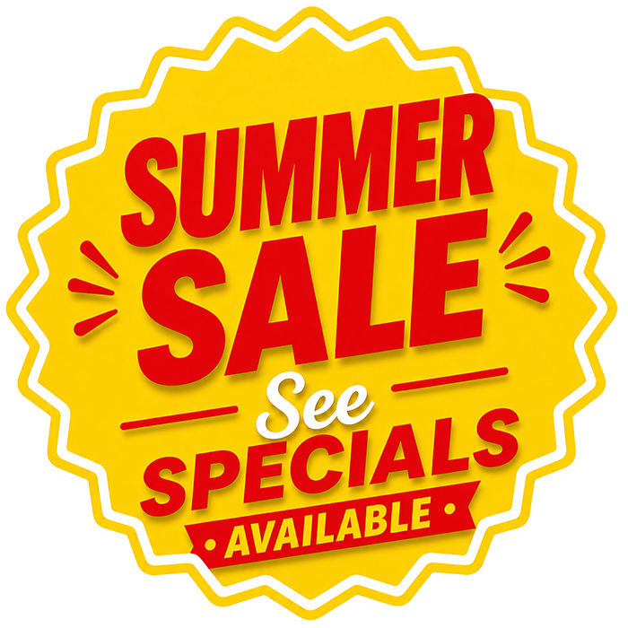 Bright yellow starburst badge with red text: SUMMER SALE; 'See SPECIALS AVAILABLE' displayed below.